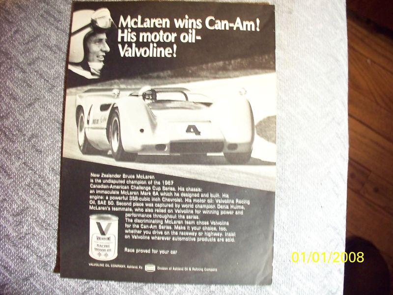 1967 bruce mclaren & his mark 6a cam-am winner in a rare, orig valvoline oil ad!