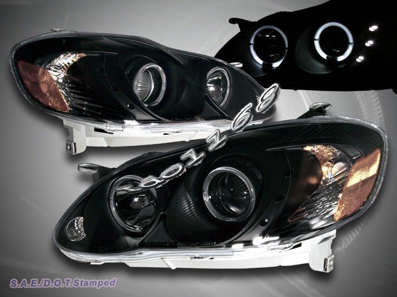 03-08 toyota corolla projector headlights black twin halo led lh rh head lamps