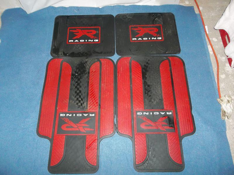 4 pc black & red "r racing" rubber non slip vehicle floor mats front & back  