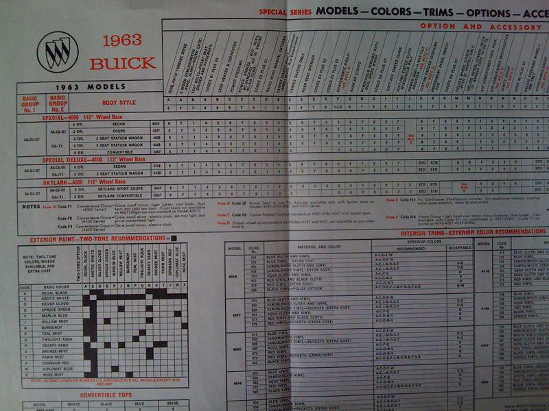 Rare 1963 buick (all models) build order sheet, original, authentic buick item