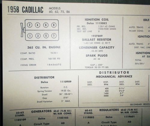 1958 cadillac series 60 62 75 86 365 ci v8 sun tune up chart great condition!