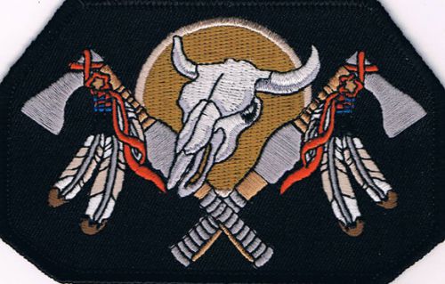 Cattle skull hatchets feather embroidered biker patch