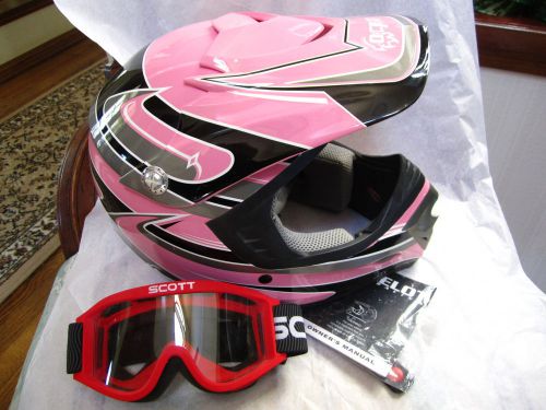 Child ocelot riding motorcycle/motorcross helmet y/l pink/silver scott goggles