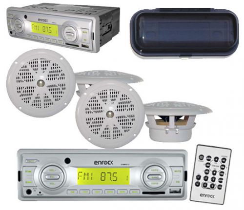 Indash marine am/fm mp3 media receiver w/ remote 4 x 4&#034; white speakers withcover