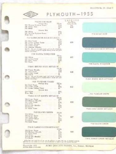 1955 plymouth acme proxlin  color paint chip chart all models original mopar