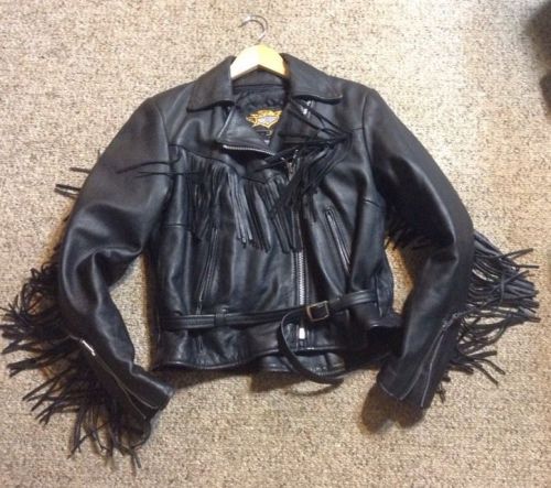 Universal rider fringe leather harley davidson style motorcycle jacket women&#039;s s