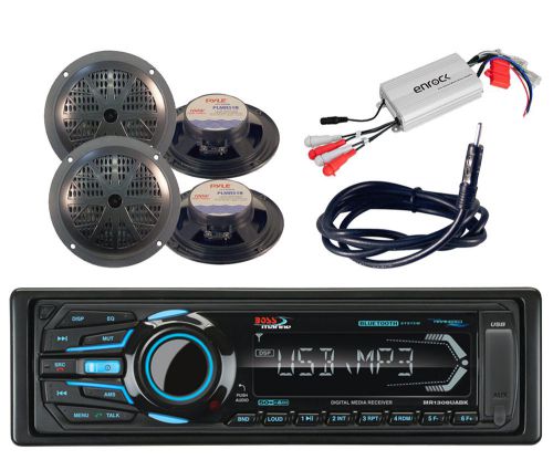 Marine am fm bluetooth usb aux radio&amp; antenna,4 black 5.25&#034; speakers,amplifier