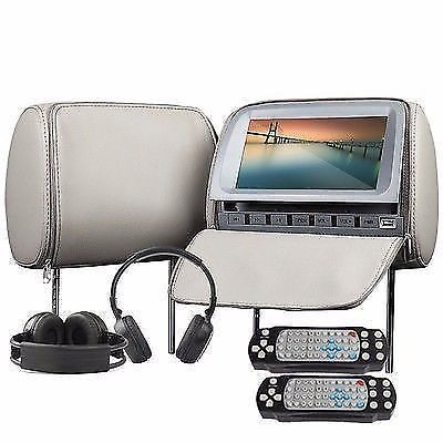 Deluxe dual 2x 9&#034;gray car headrests w dvd player digital screen+free headphones