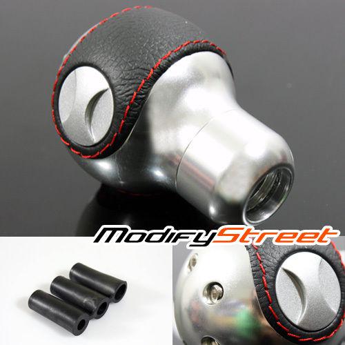 Universal round chrome aluminum manual stick shift knob black leather red stitch