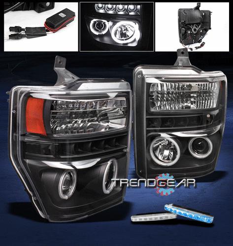 08-10 f250 f350 super duty ccfl halo black projector head light+blue drl led kit