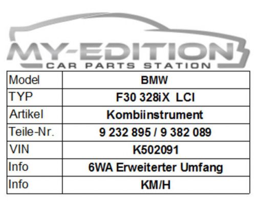 Bmw f30 f31 f32 f33 f34 gt f36 instrument combination speedometer 6wa hud petrol 9382089-