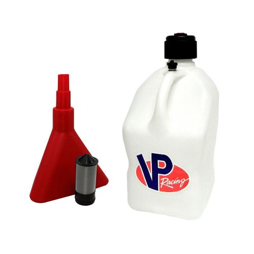 Vp racing white 5 gallon square race gas alcohol fuel jug-can w/ funnel-filter