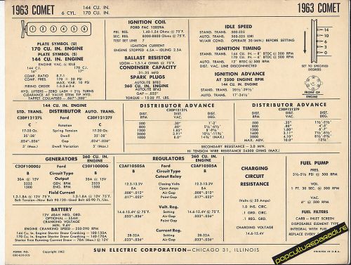 1963 mercury comet 6 cylinder 144/170 ci engine car sun electronic spec sheet