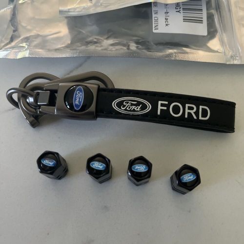 4pc black hex ford emblem tire valve caps stem dust cover + bonus keychain new!