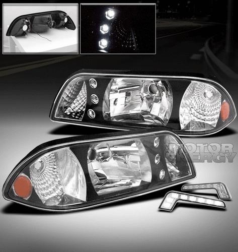 1987-1993 ford mustang led black crystal head lights+drl bumper signal 1991 1992