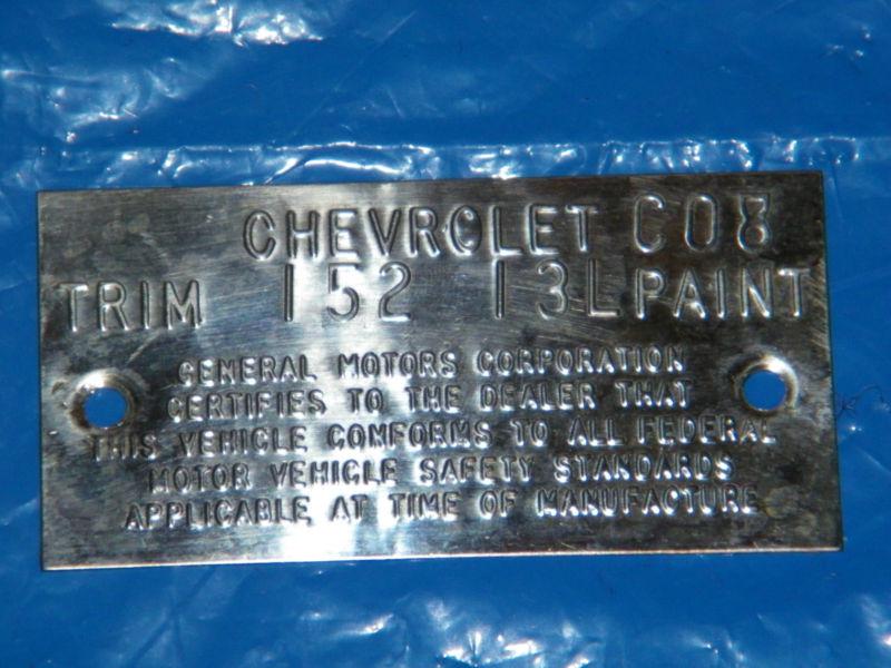 1968-1982 chevrolet corvette c3 body trim tag, used