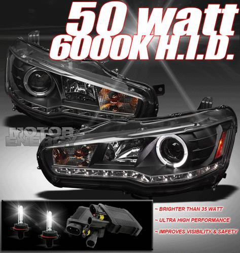 2008-2012 lancer evo x halo drl led black projector headlights+50w hid 2010 2011