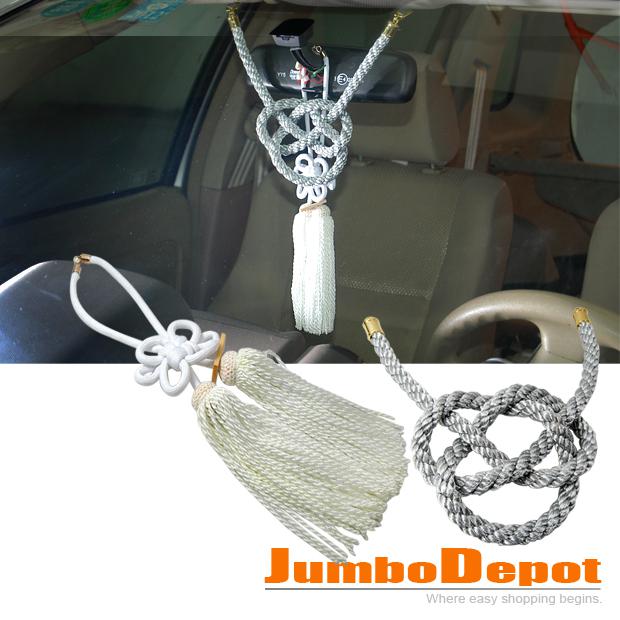 New auto car japanese style white fusa kiku knots & silver kin tsuna rope 