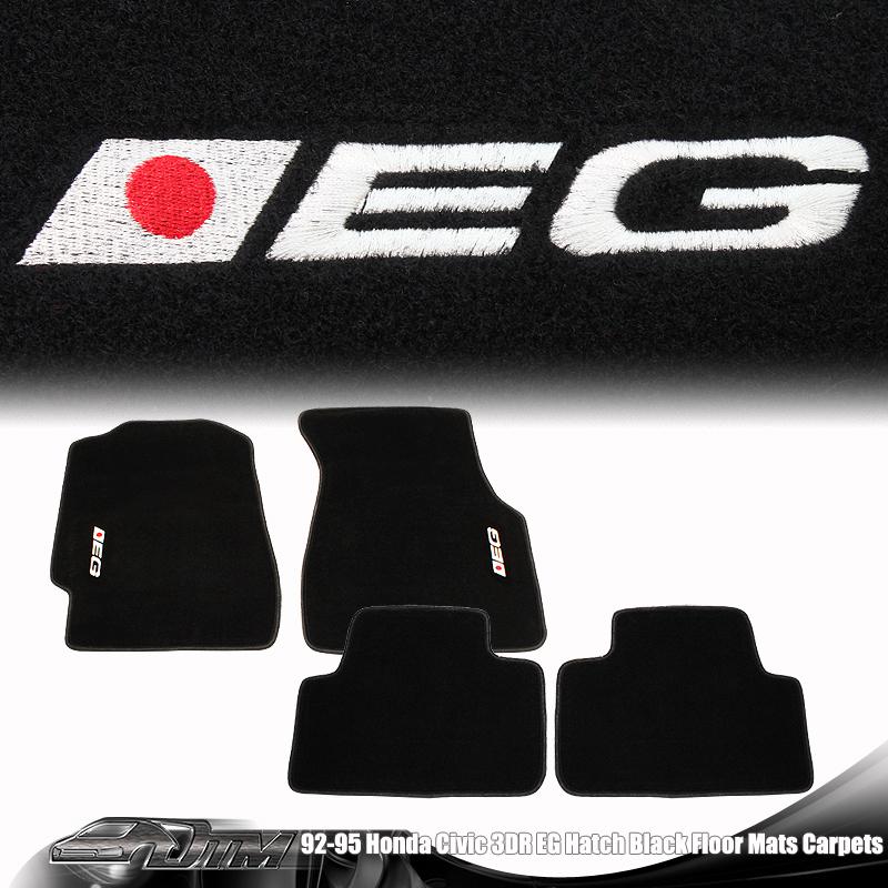 1992-1995 honda civic hatchback 4 piece black floor mat carpets white ej logo