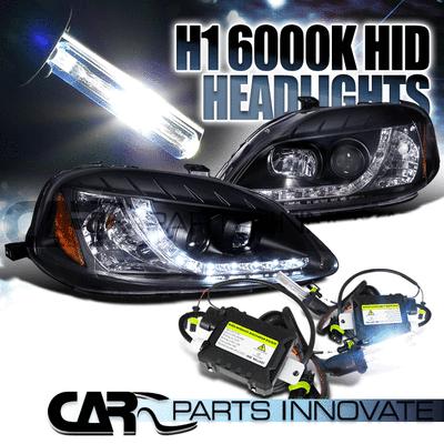 99-00 civic black r8 led drl projector headlights+h1 6000k hid conversion kit