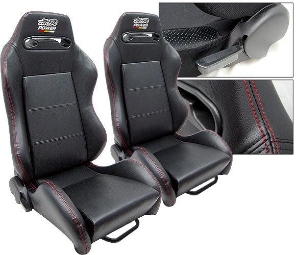 1 pair black pvc leather + red stitch logo sliders racing seats reclinable honda