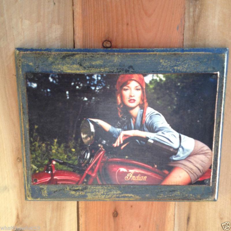 Indian motocycle scout girl sign vintage look shop decor bike tank frame style