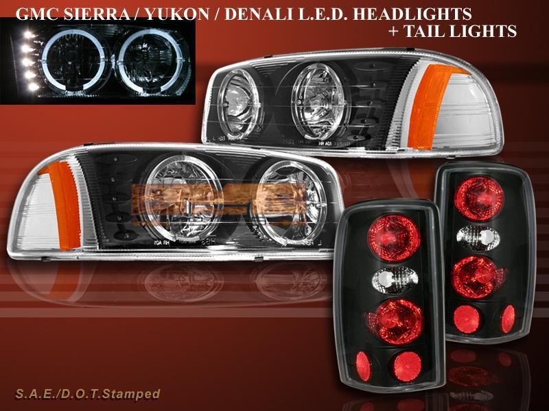 00-06 gmc yukon / yukon denali black led halo headlights w/ black tail lights