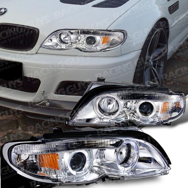 2002-2005 bmw 325i 330i e46 chrome halo projector 1-piece headlights amber refl