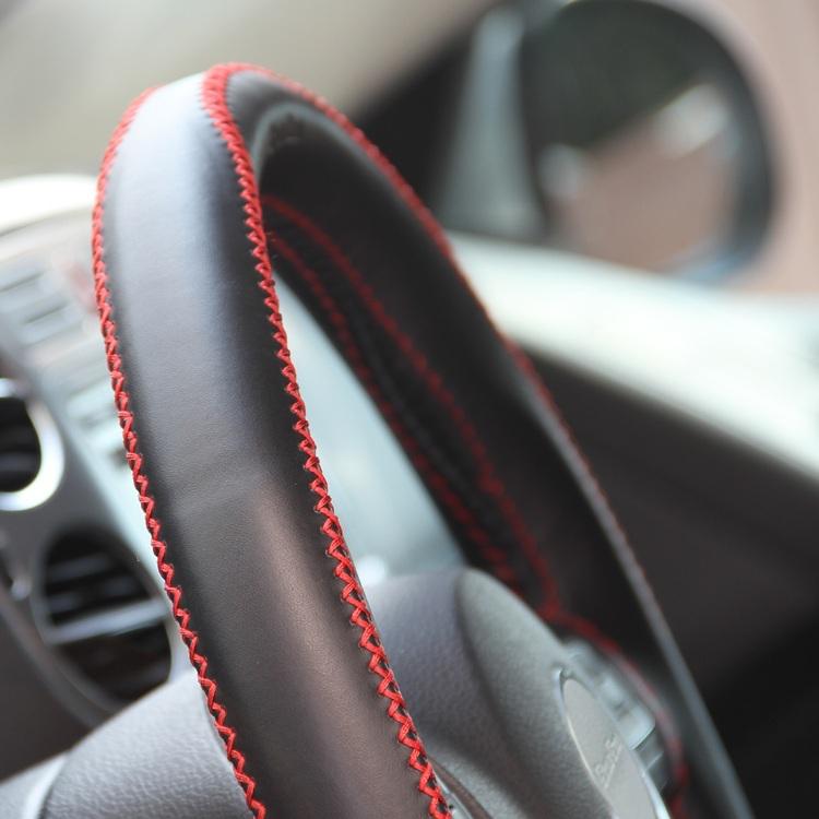 Black leather steering wheel w/ red stitch wrap cover needle thread diy f150 ram