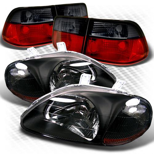 96-98 civic 2dr black crystal headlights + red smoked tail lights combo set