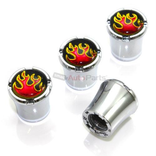 (4) fire flames logo chrome car-truck-bike tire/wheel air stem valve caps covers