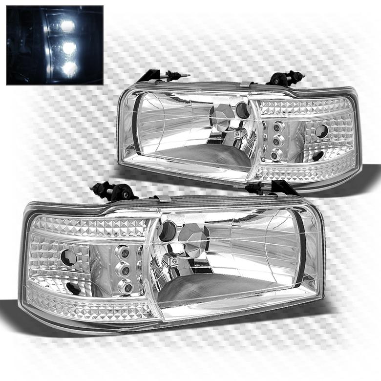 92-96 ford f1/2/350, bronco 1-piece style chrome headlights + corner 2in1 w/led