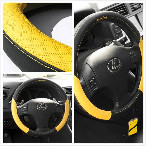 Leather steering wheel cover 58012 black+yellow hummer fiat car suv 14-15" 38cm 