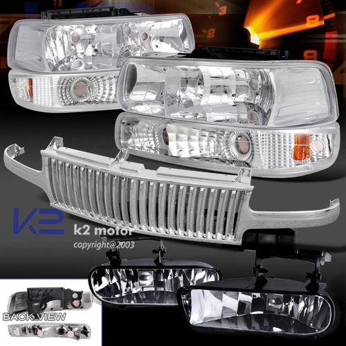 99-02 silverado chrome headlight+bumper+clear fog light w/ switch+hood grill