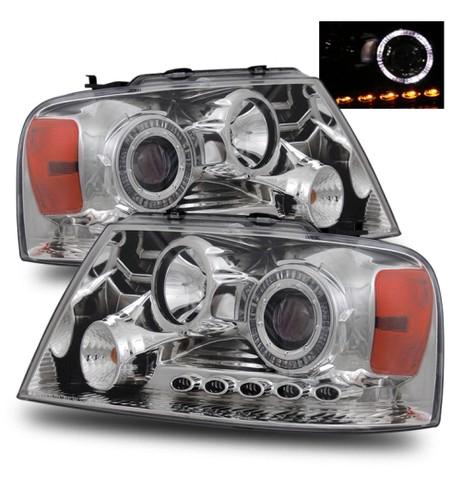 04-08 ford f150 led angel eye halo clear chrome projector headlights+reflectors