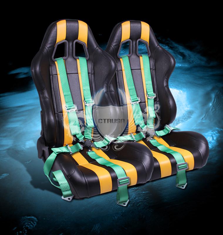 2x blk/yellow stripe vinyl/pvc racing bucket seats+5-pt green camlock strap new