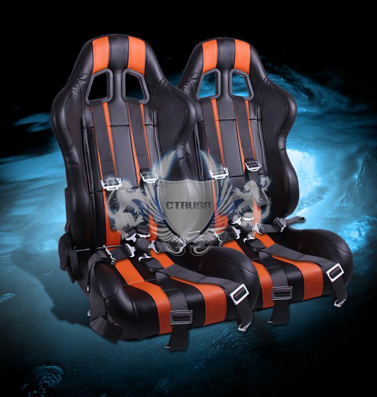 2x jdm f1 blk/orange stripe pvc/vinyl sports racing seat w/sliders +6-pt camlock