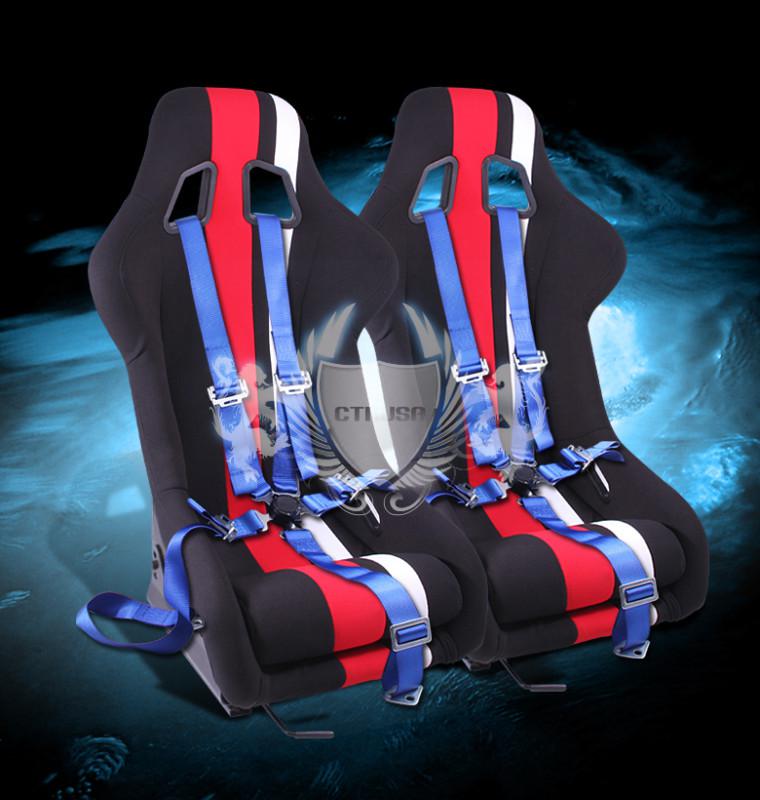 2x universal blk/red white stripe fabric racing seat+5-pt blue camlock harness