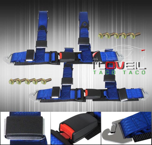 2" pair high quality nylon 4 point blue seat belt strap buckle harness locking