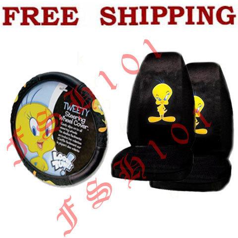 New 3pc set looney tunes tweety bird seat covers & steering wheel cover