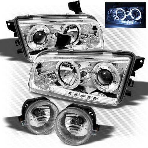 06-10 dodge charger led twin halo projector headlights+fog lights+bulbs+switch