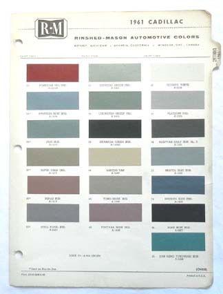 1961 cadillac r-m  color paint chip chart all models original 