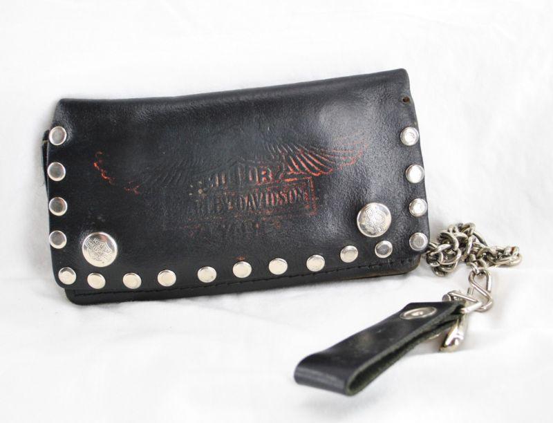 Vintage harley davidson motorcyle black leather silver studded wallet w/ chain