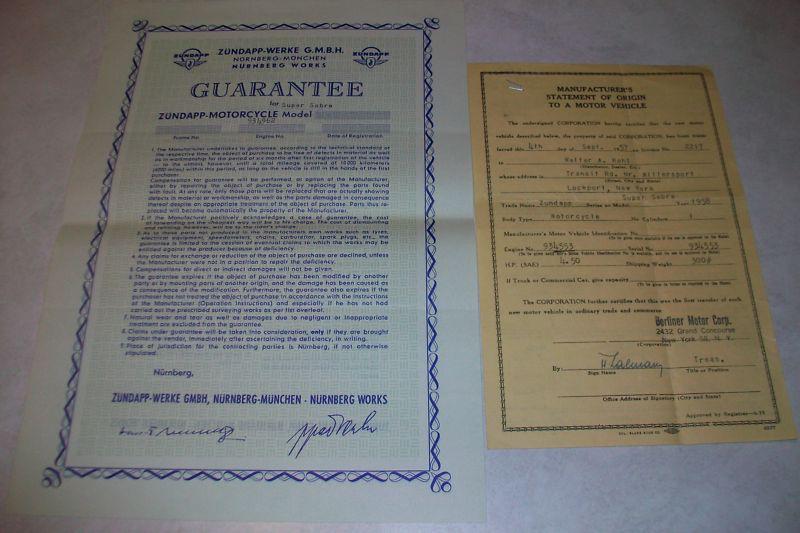 Nos zundapp 250s zündapp super sabre original warranty guarantee form & m.s.o. 