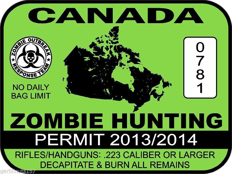 Canada zombie hunting permit license decal 3"x4" vinyl vehicle sticker graphics 