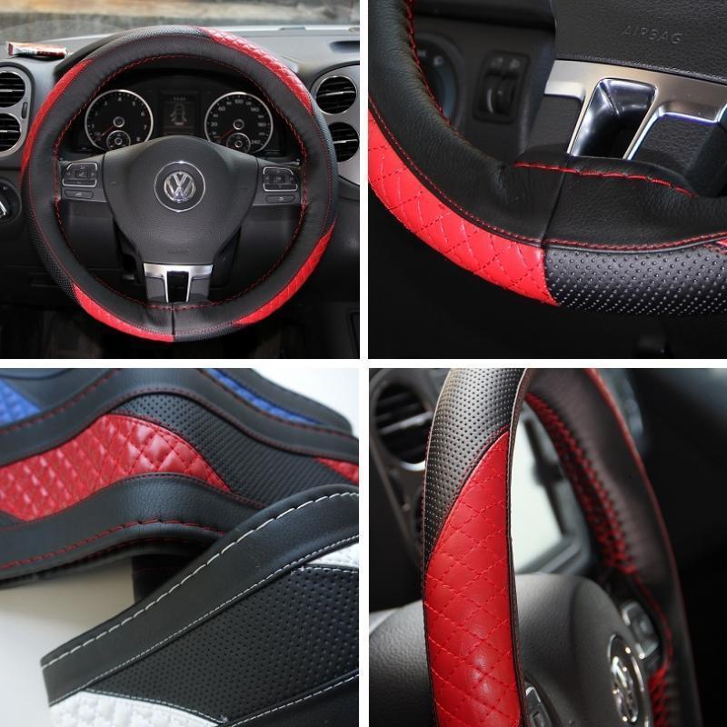 Black+red thread pvc leather steering wheel wrap cover needle thread diy tc golf