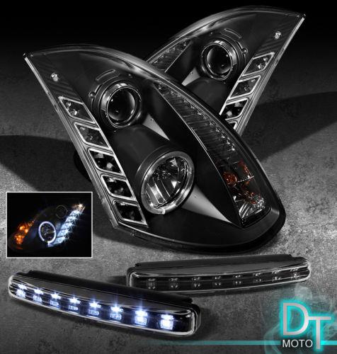 Led bumper fog lamps+03-07 g35 2dr coupe drl led projector head lights black