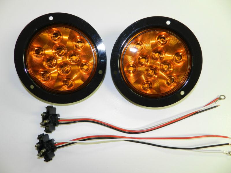 2- 4" round sealed 10 led amber stop/turn/tail truck trailer light flange mount