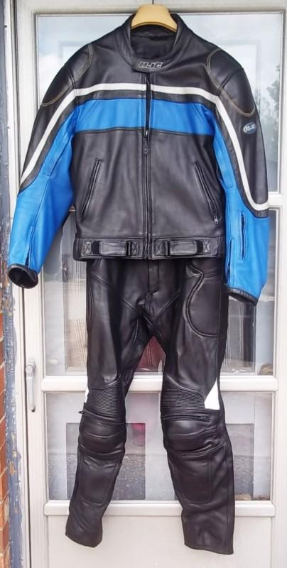 Mens leather motorcycle racing suit, jacket sz:44, pants sz: w34, hjc 2-piece 