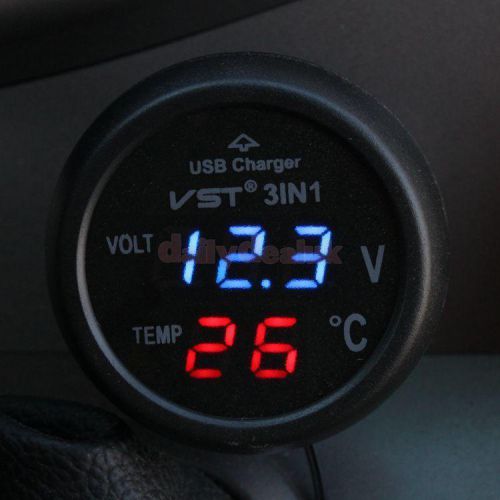 Blue led car vehicle voltmeter voltage gauge meter charger thermometer